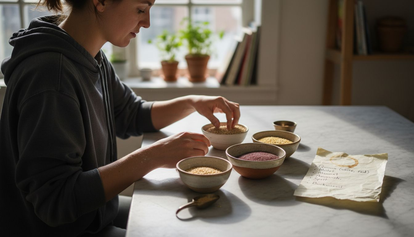 Sorting ancient grains in kitchen bowls