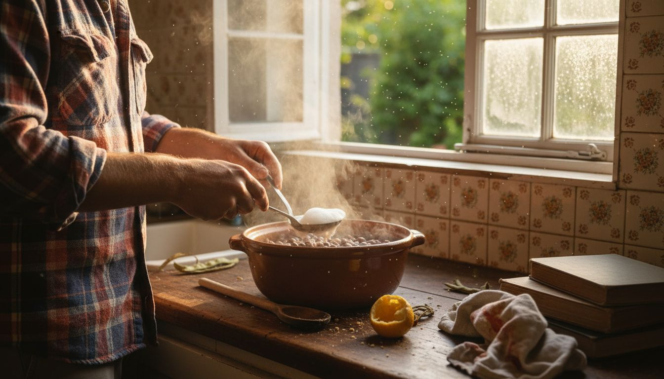 Man cooking beans in sunlit home kitchen
