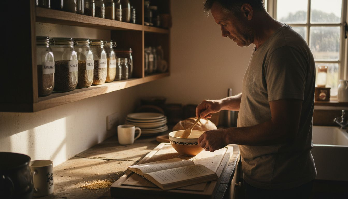 Man storing ancient grains in rustic kitchen