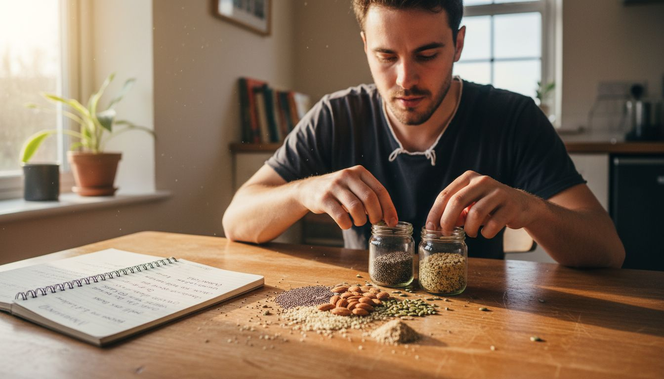 Hands sorting seeds and nuts into small jars