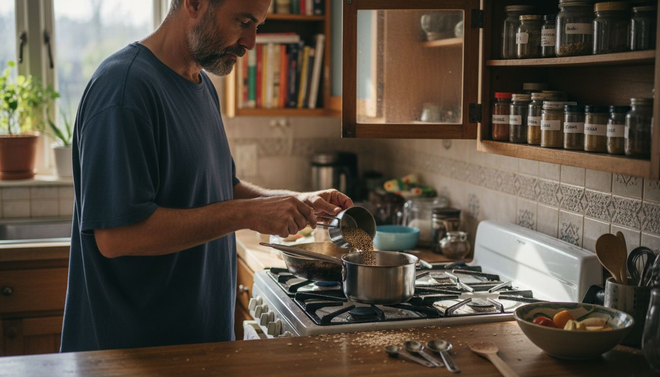 Man measuring grains for breakfast preparation