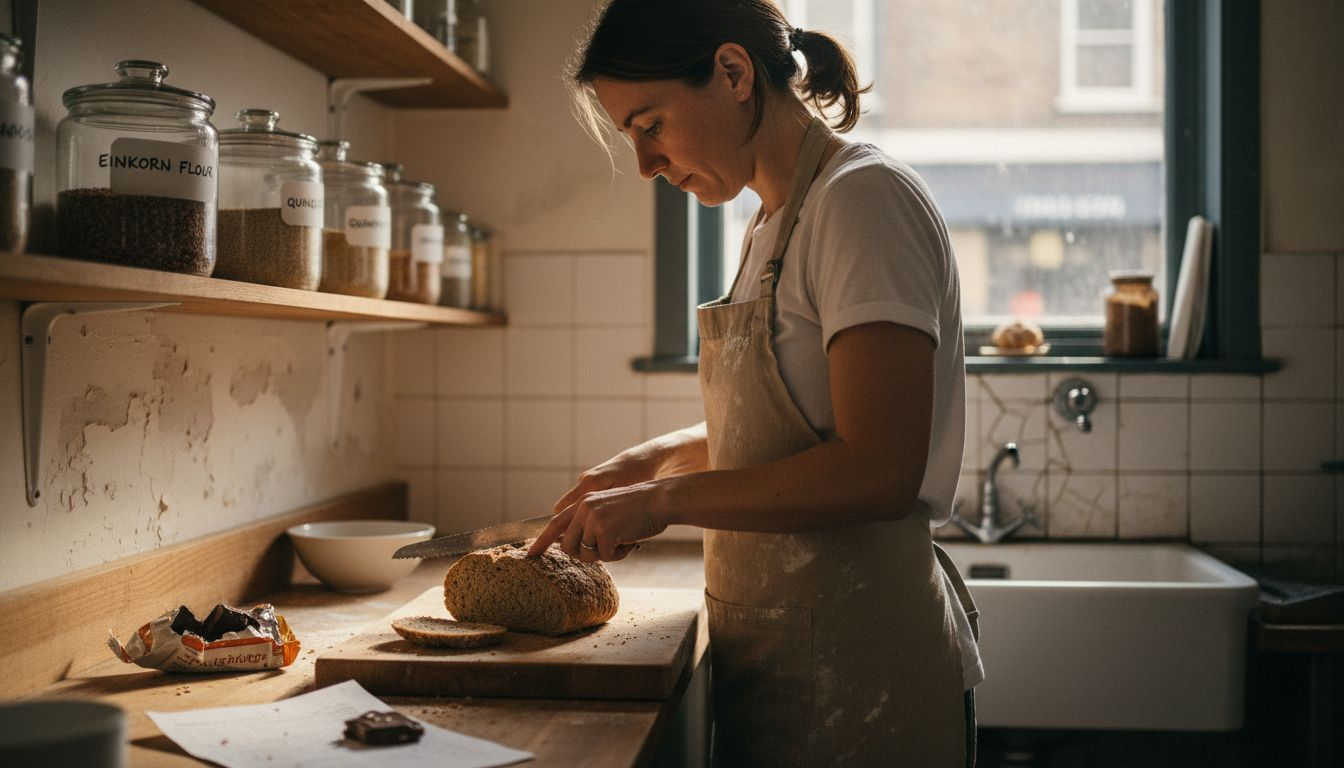 Chef slicing spelt bread among grains