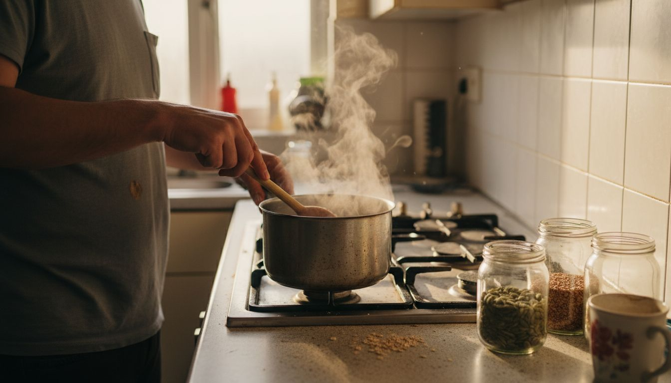 Man stirring creamy vegan protein oats