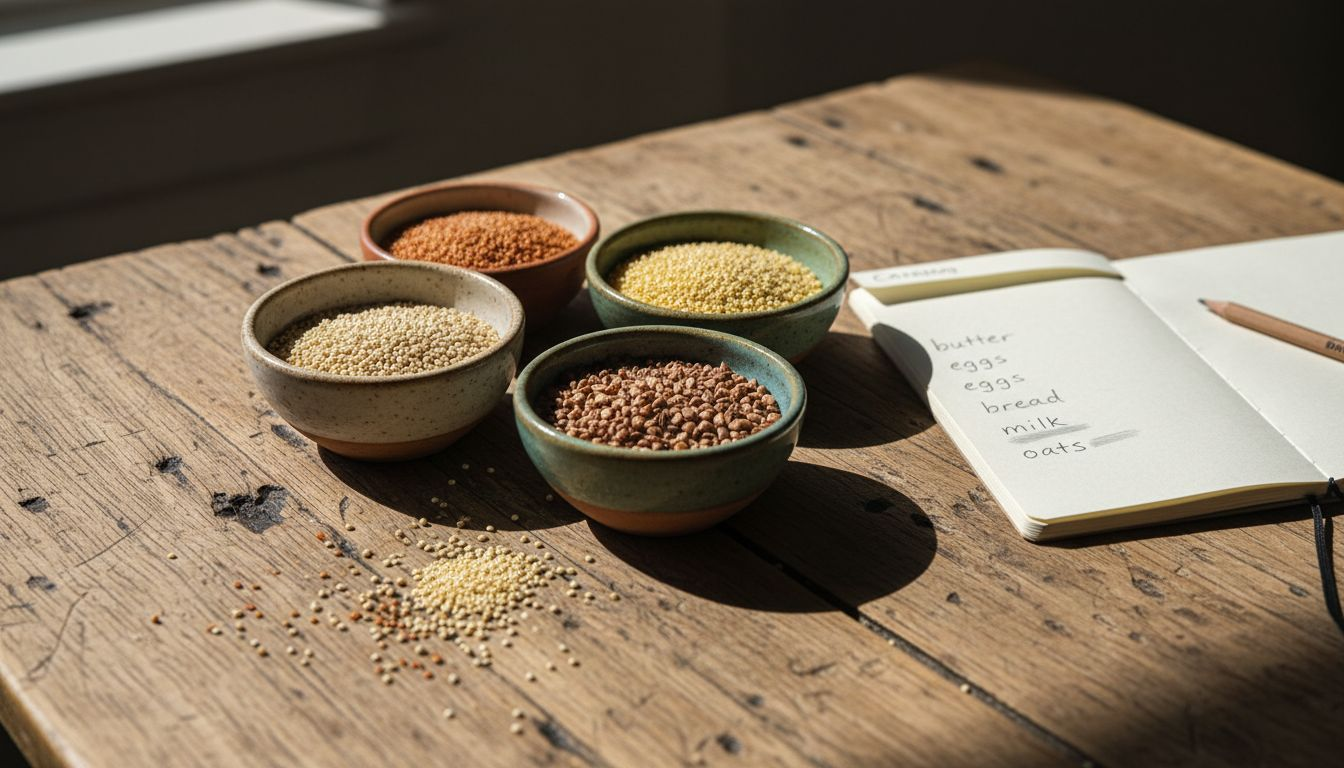 Closeup of ancient grains on rustic table