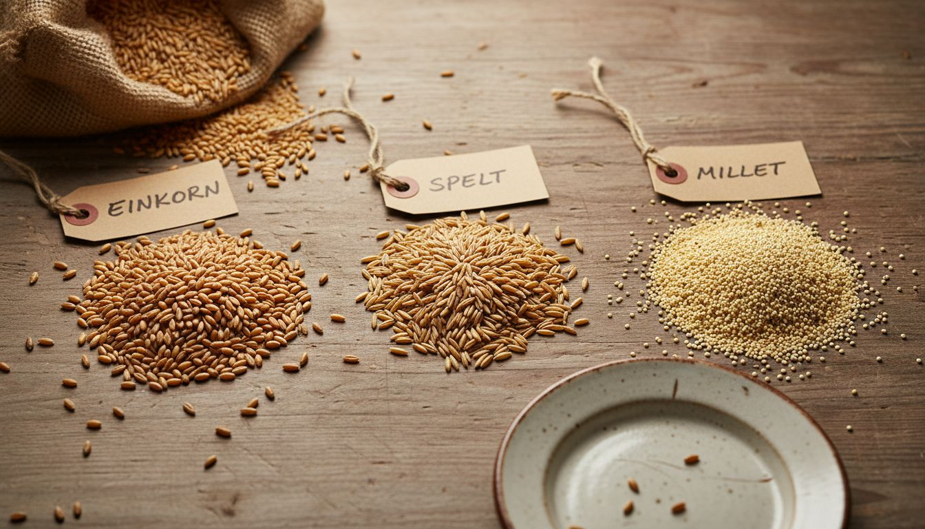 Raw einkorn, spelt, and millet on countertop