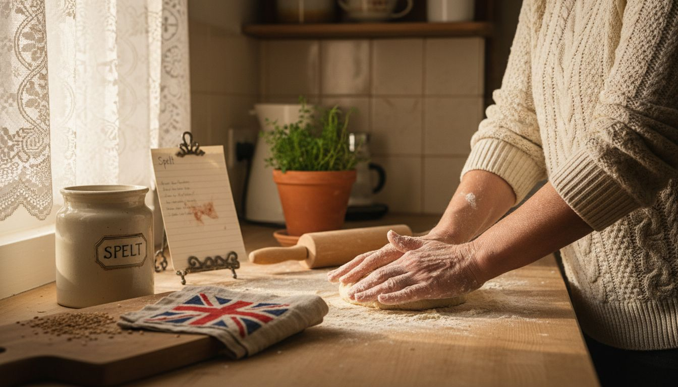 Home cook kneading spelt dough British kitchen