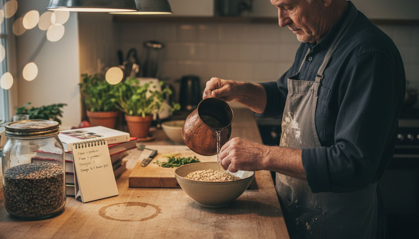 Man soaking ancient grains at kitchen counter