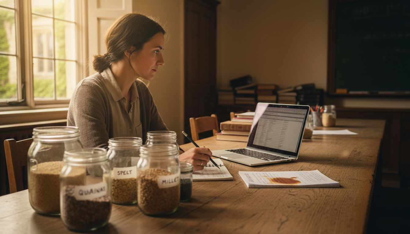 Nutritionist comparing ancient grain jars