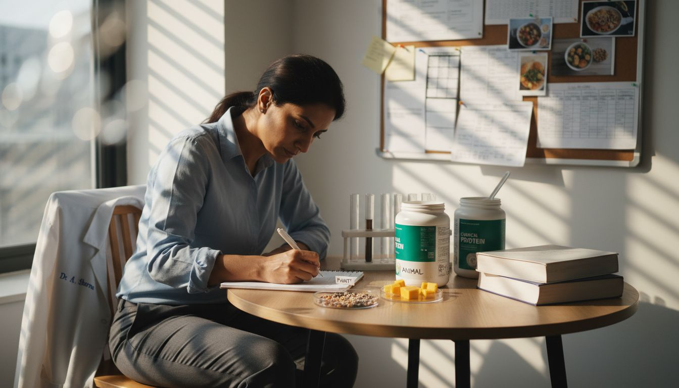 Nutritionist comparing plant and animal proteins