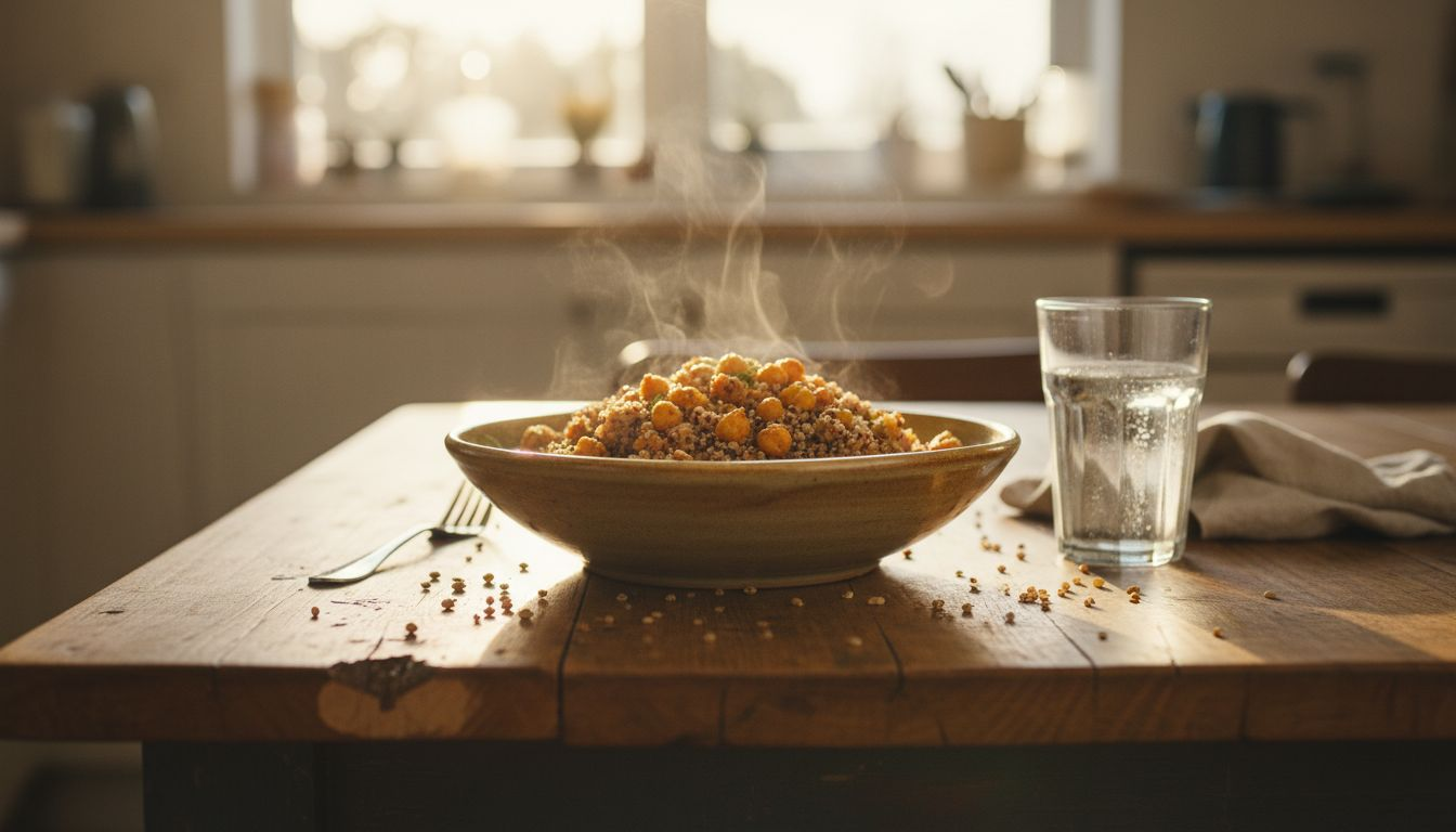 Bowl of quinoa, lentils, and chickpeas with table details