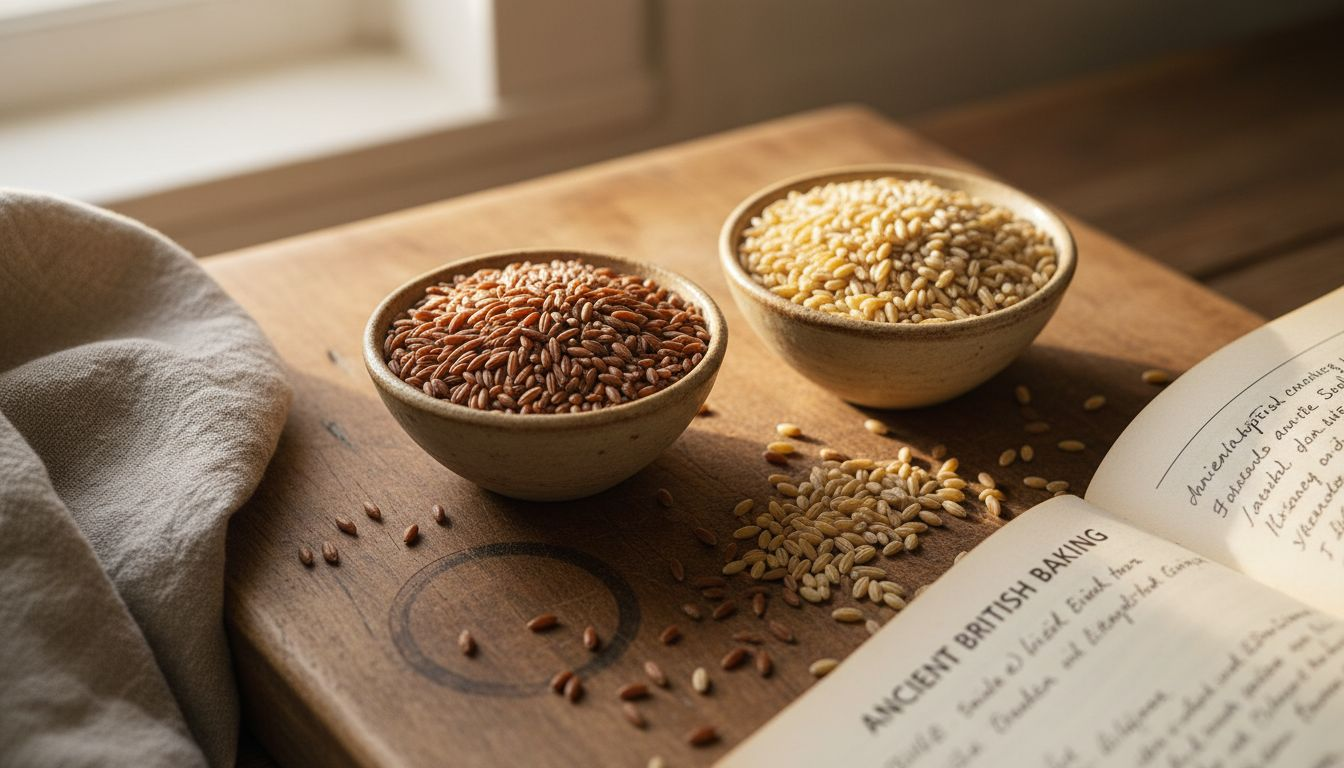 Close-up bowls of ancient wheat grains