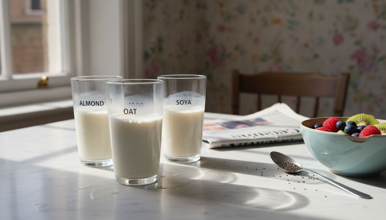 Three plant milks on breakfast table