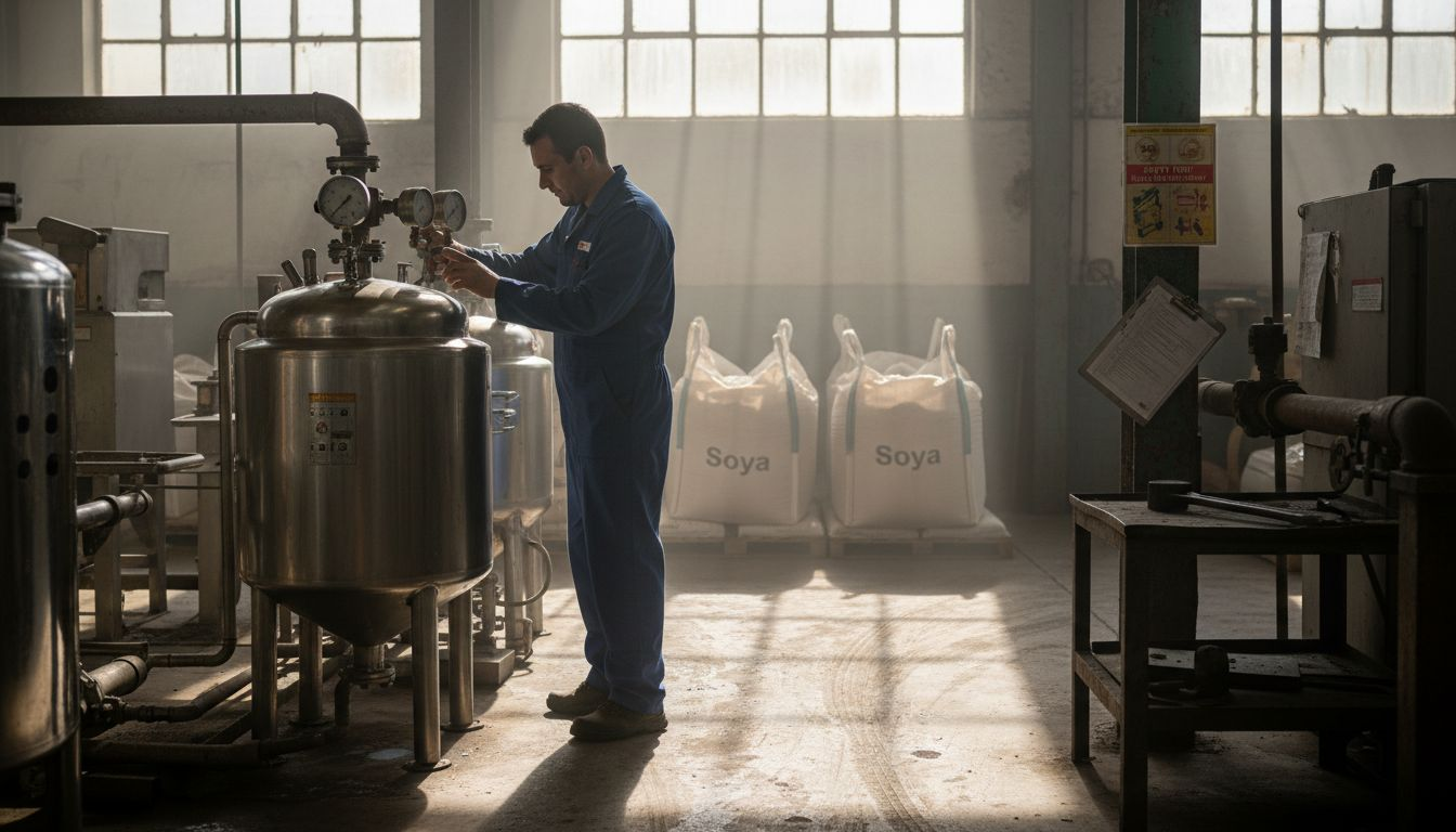 Technician inspecting protein processing equipment