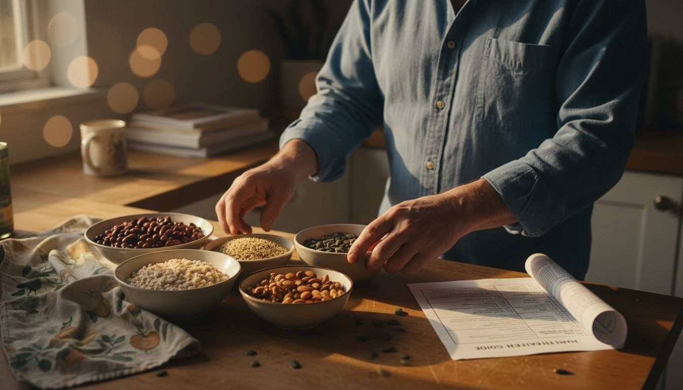 Man arranging plant protein sources in kitchen