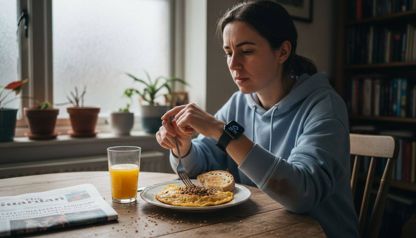 Woman eating high protein breakfast and multitasking