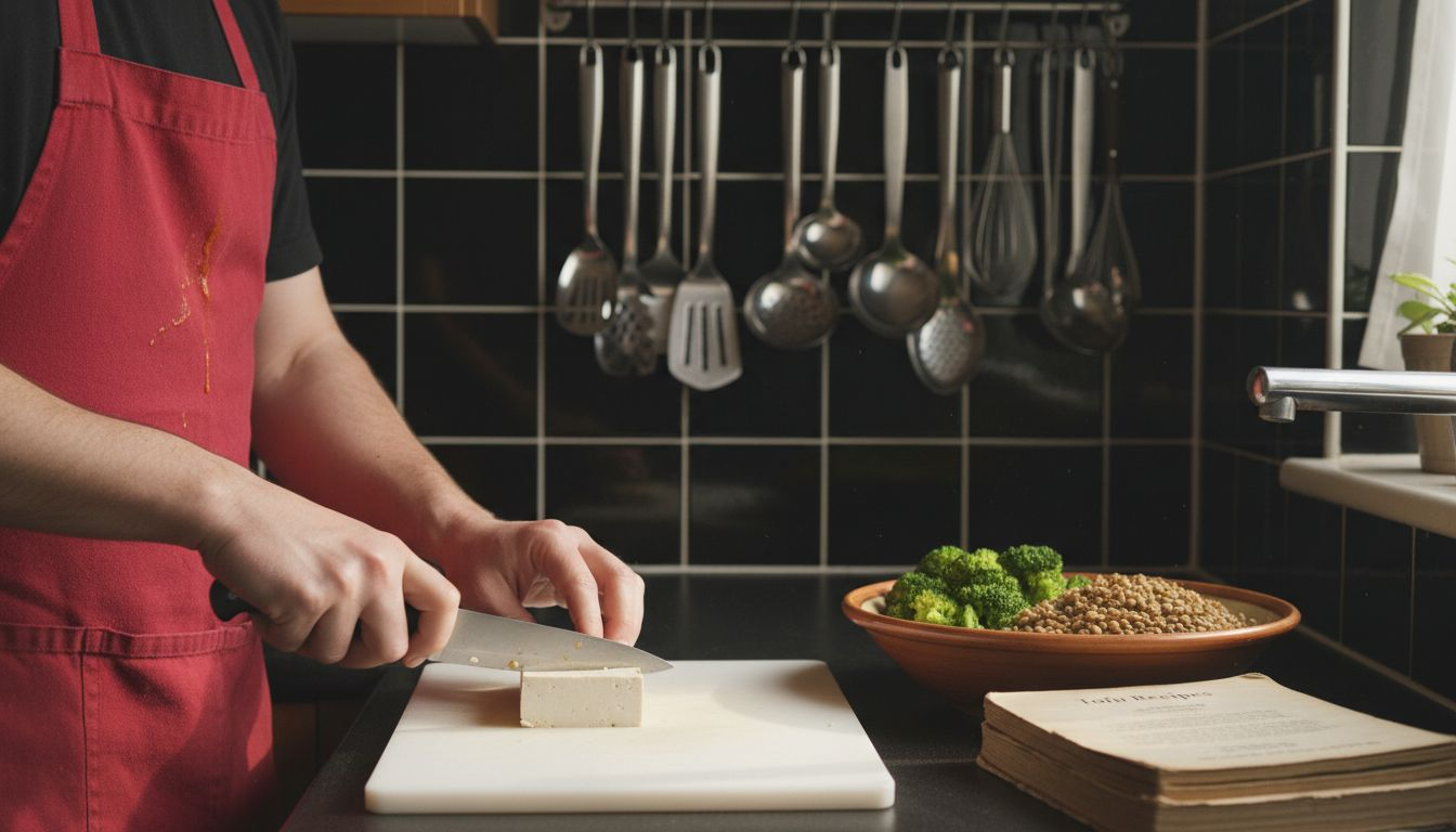 Chef slicing firm tofu for meal