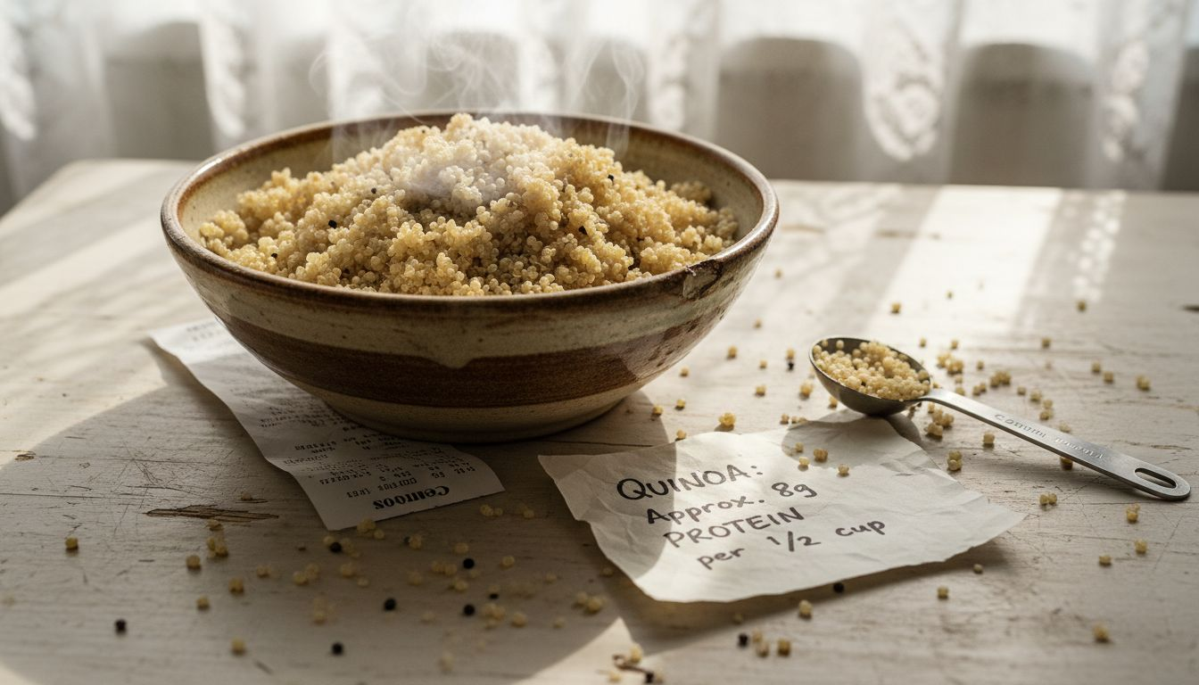 Steaming bowl of cooked quinoa grain
