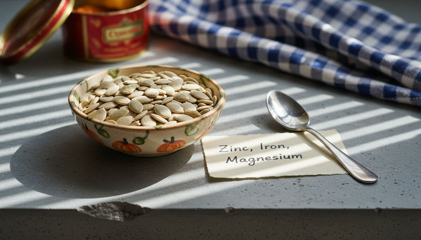 Pumpkin seeds with nutrient note and teaspoon
