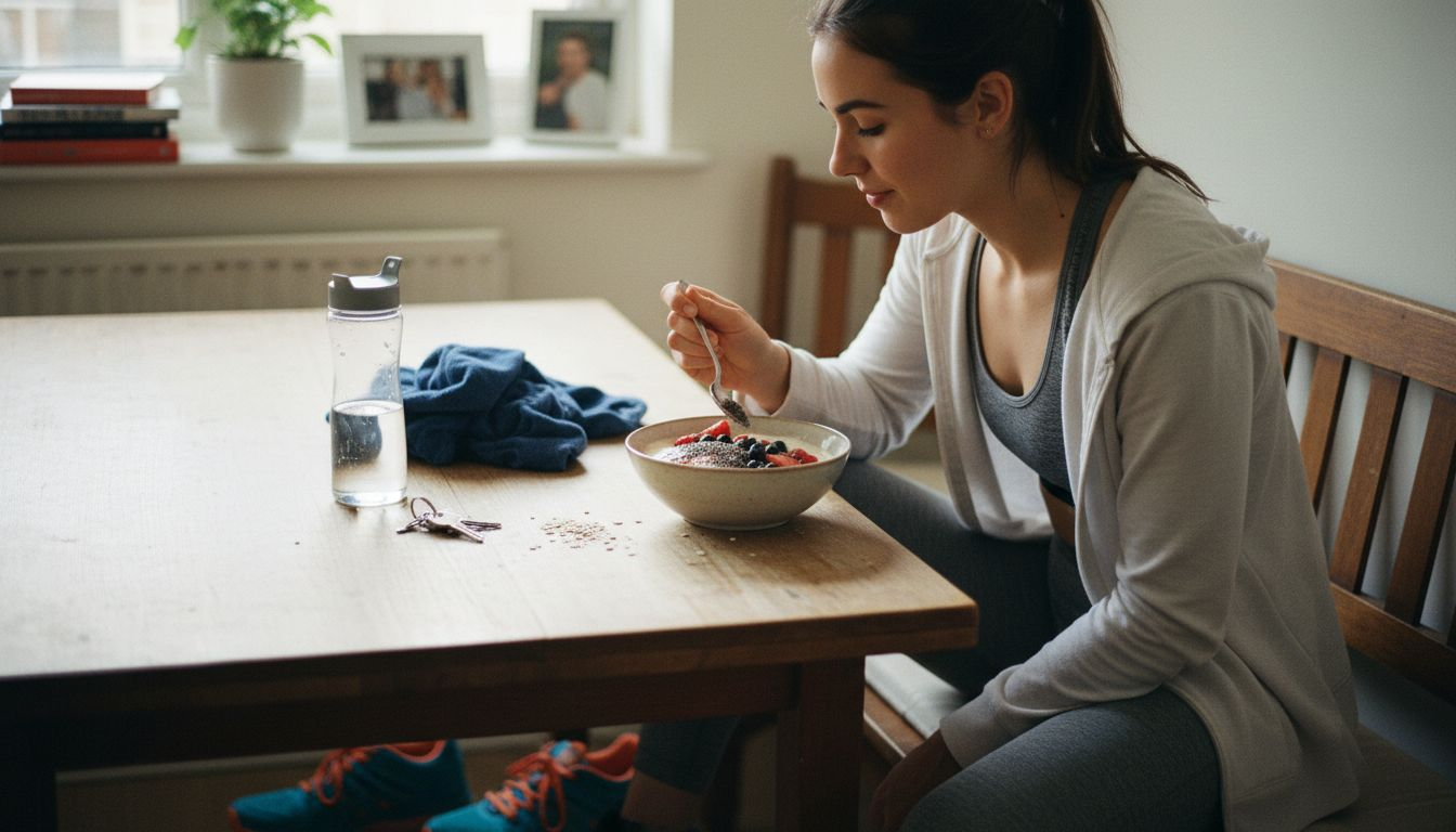 Woman eating recovery breakfast after exercise