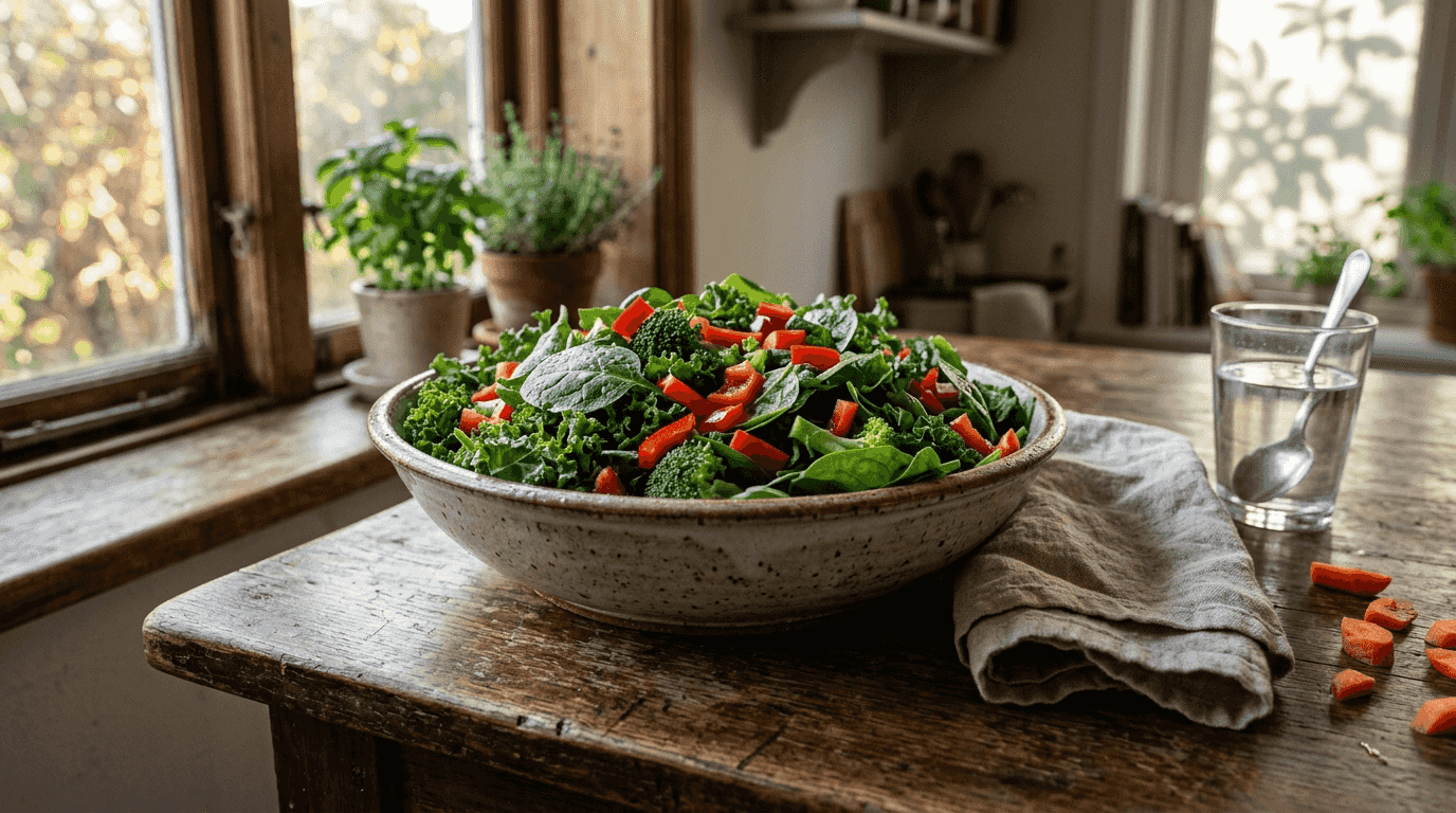 Bowl of leafy greens and vegetables