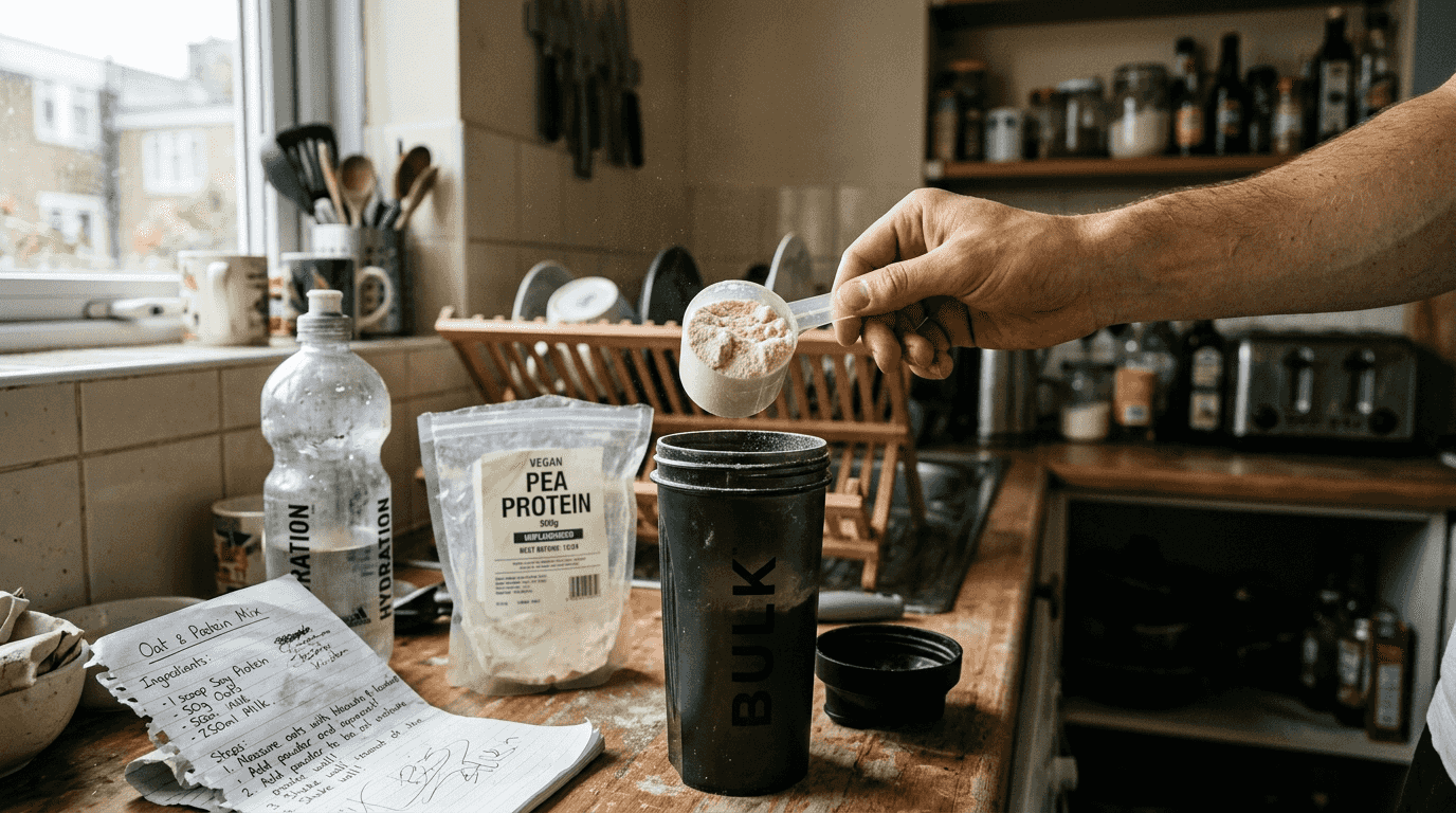 Hand scooping soy protein powder in kitchen