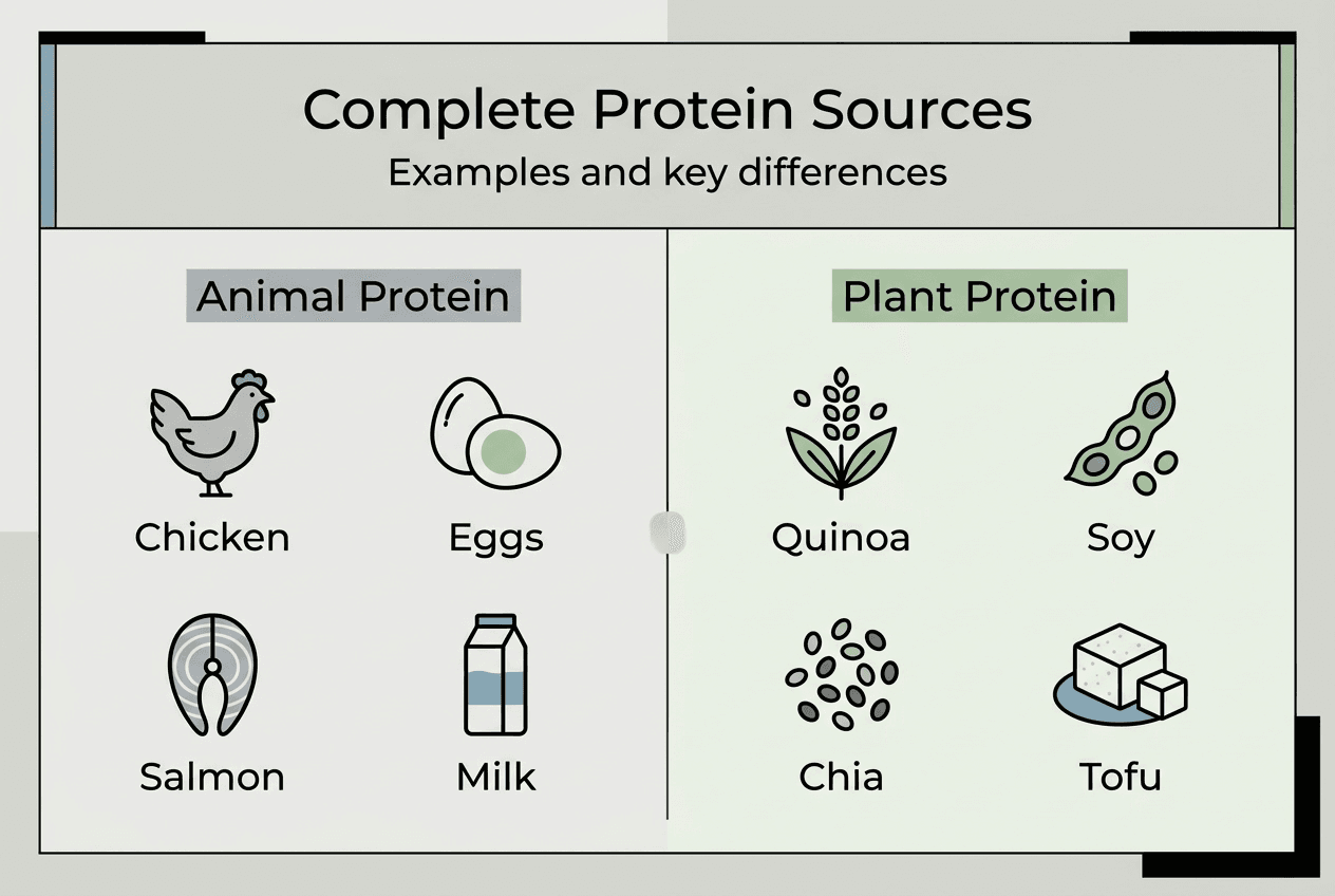 Infographic showing animal and plant protein examples