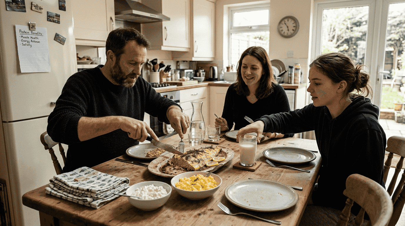 Family eating complete animal protein meal