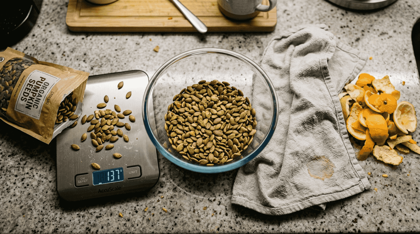 Bowl of pumpkin seeds on kitchen counter
