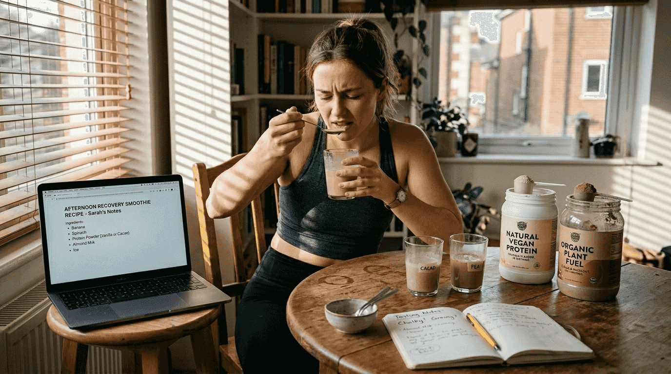 Woman sampling vegan protein powder at table