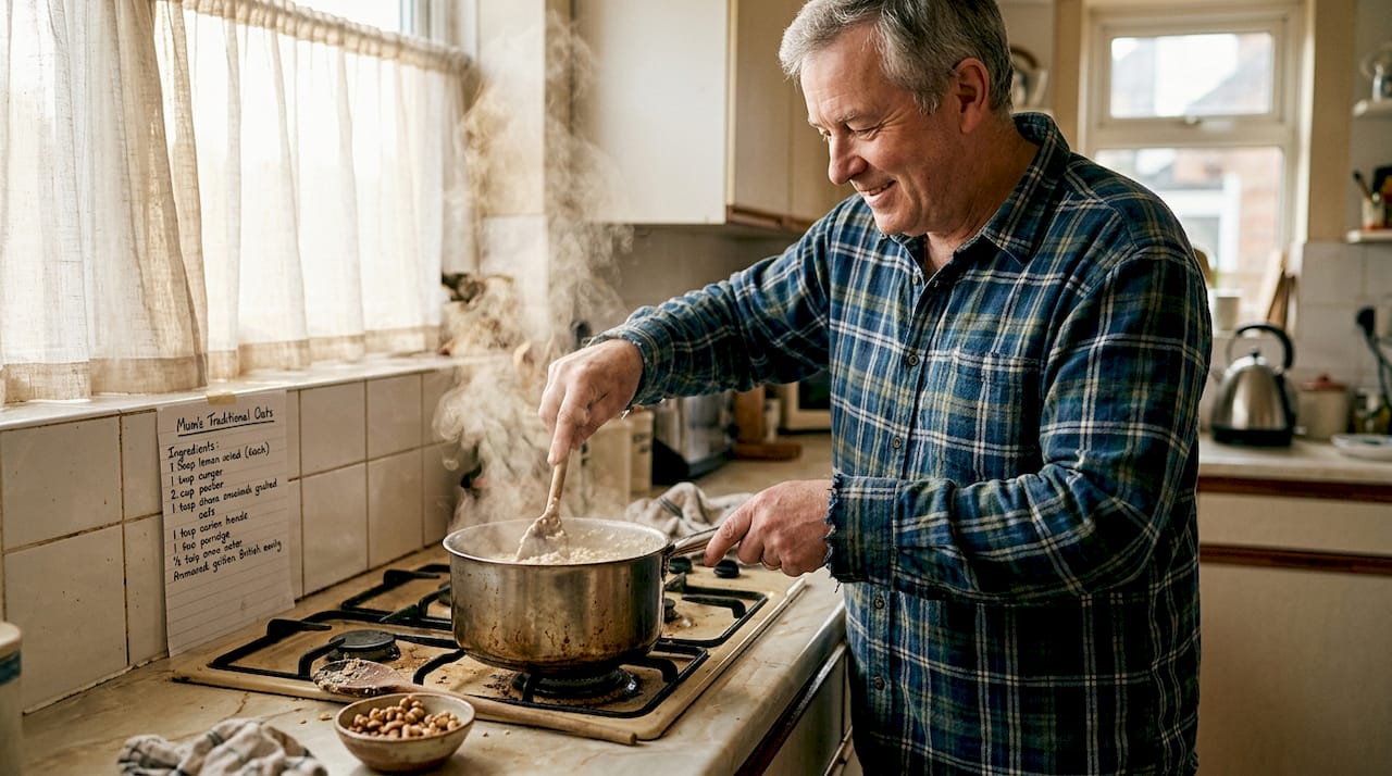 Man preparing rustic oat porridge breakfast