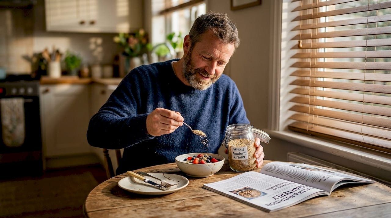 Man adding ancient grains to breakfast