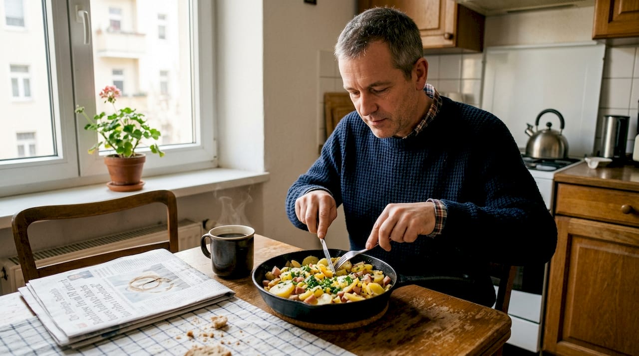 Man eating hearty European protein breakfast