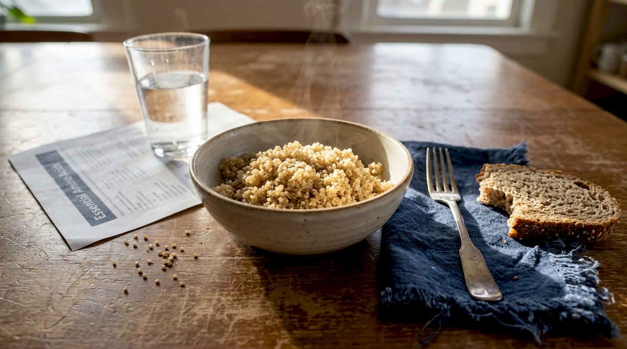 Cooked quinoa bowl with nutrition sheet