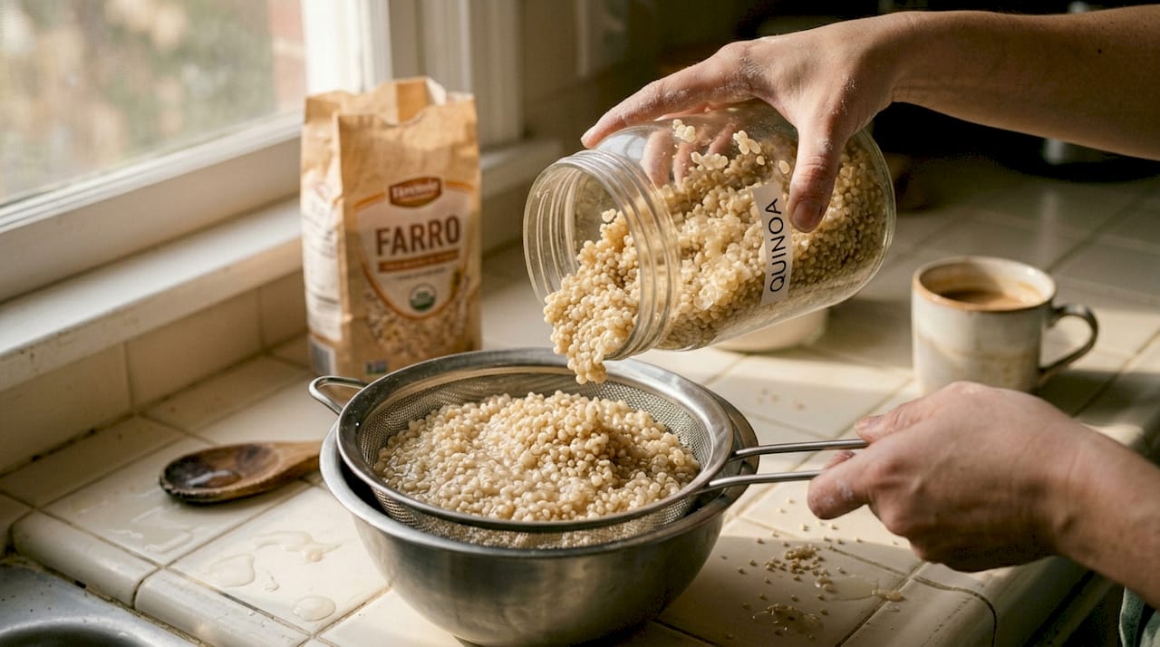 Hands rinsing soaked quinoa in kitchen