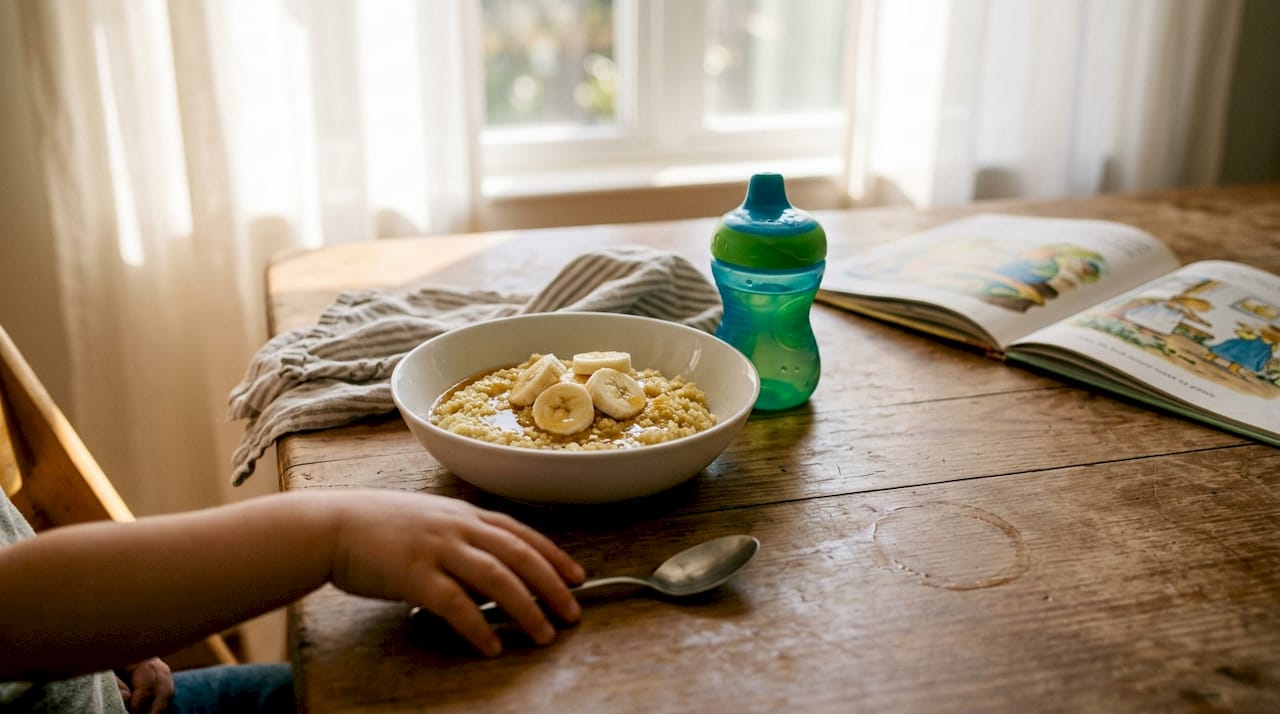 Bowl of millet breakfast at family table