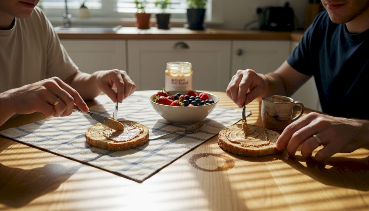 Spreading nut butter on sliced einkorn bread