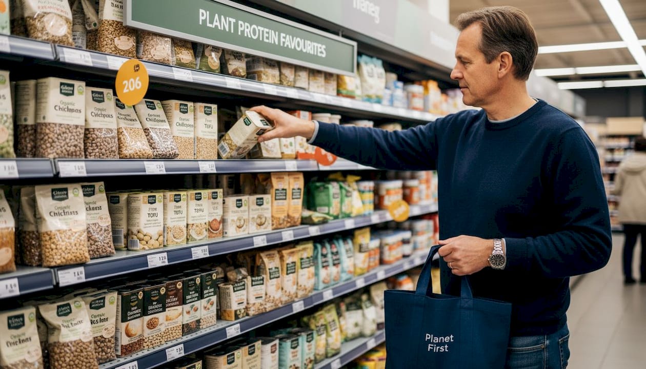 Man choosing plant protein foods from store shelf