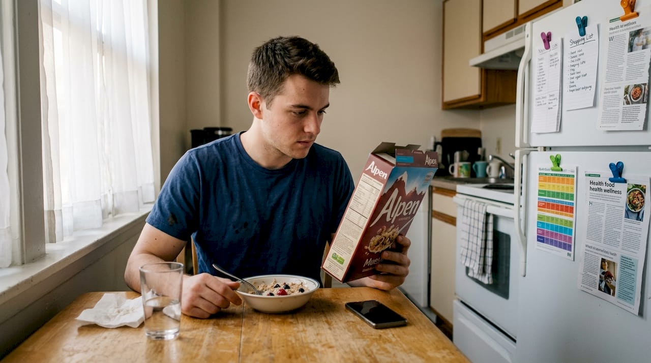 Man studying porridge nutrition label at breakfast nook