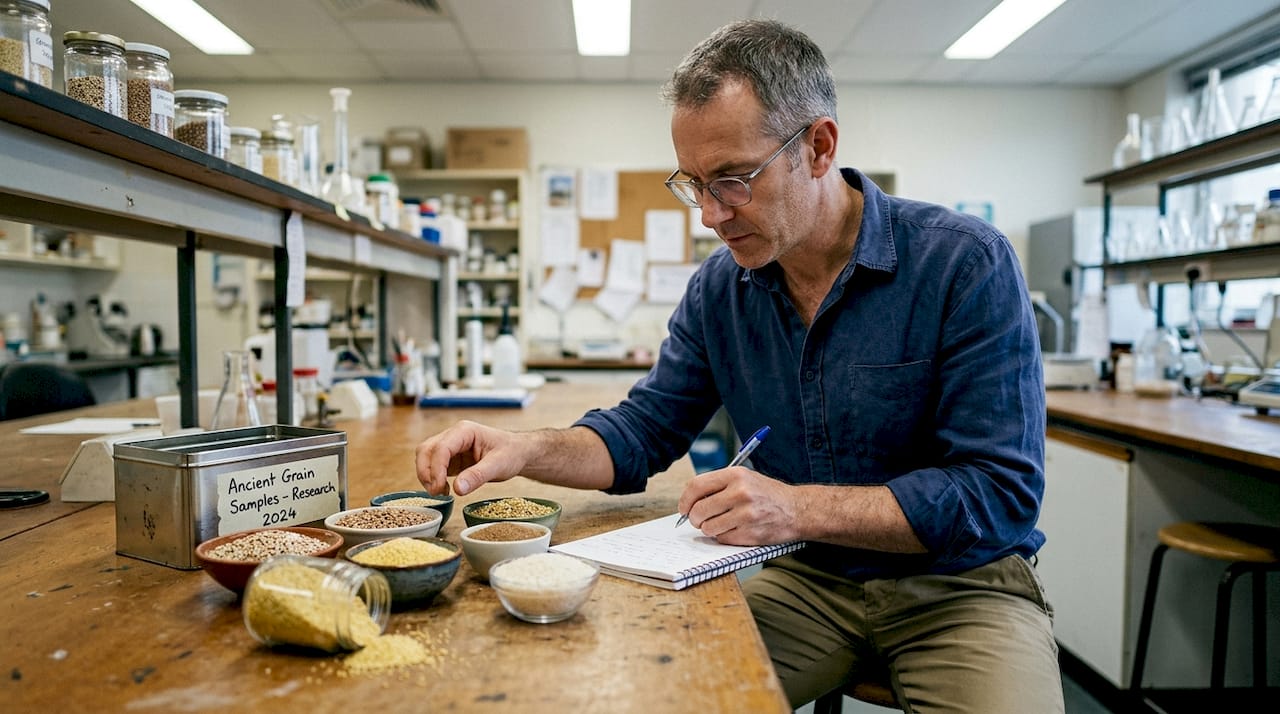 Nutritionist comparing grains in lab setting
