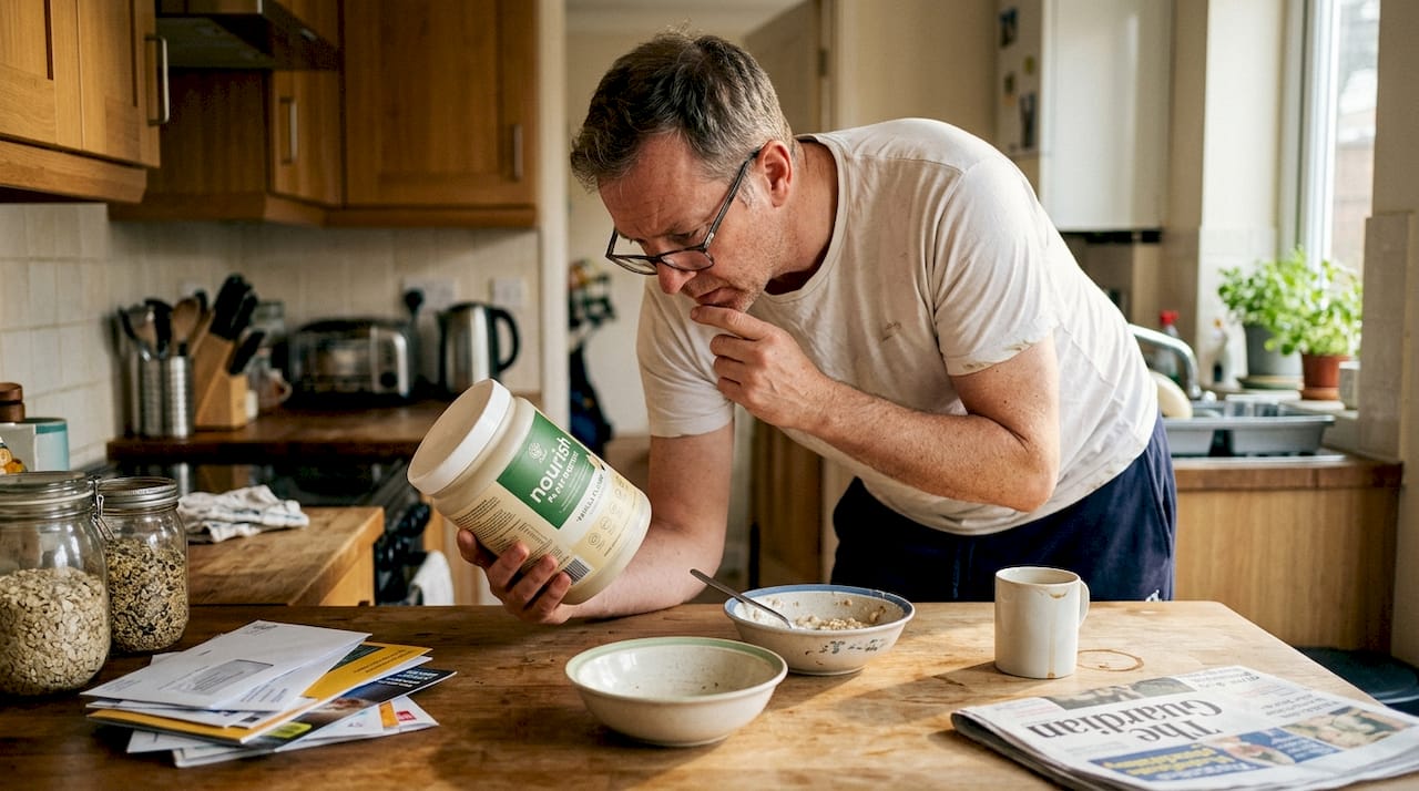 Man reading plant protein label at counter