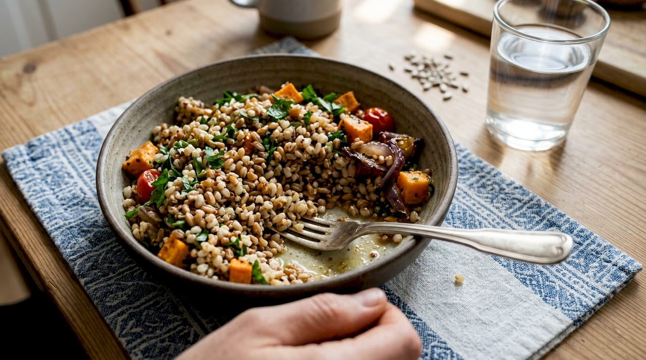 Ancient grains salad bowl with herbs and veggies