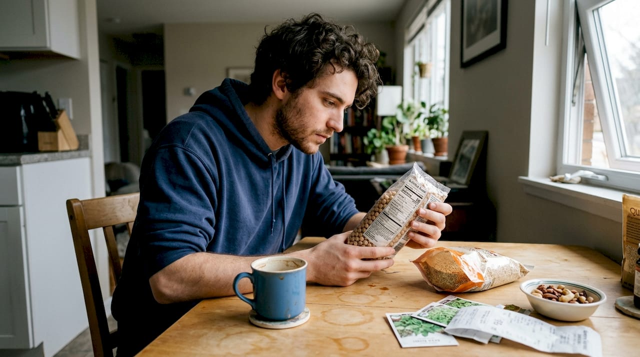 Man studies plant protein foods at dining table