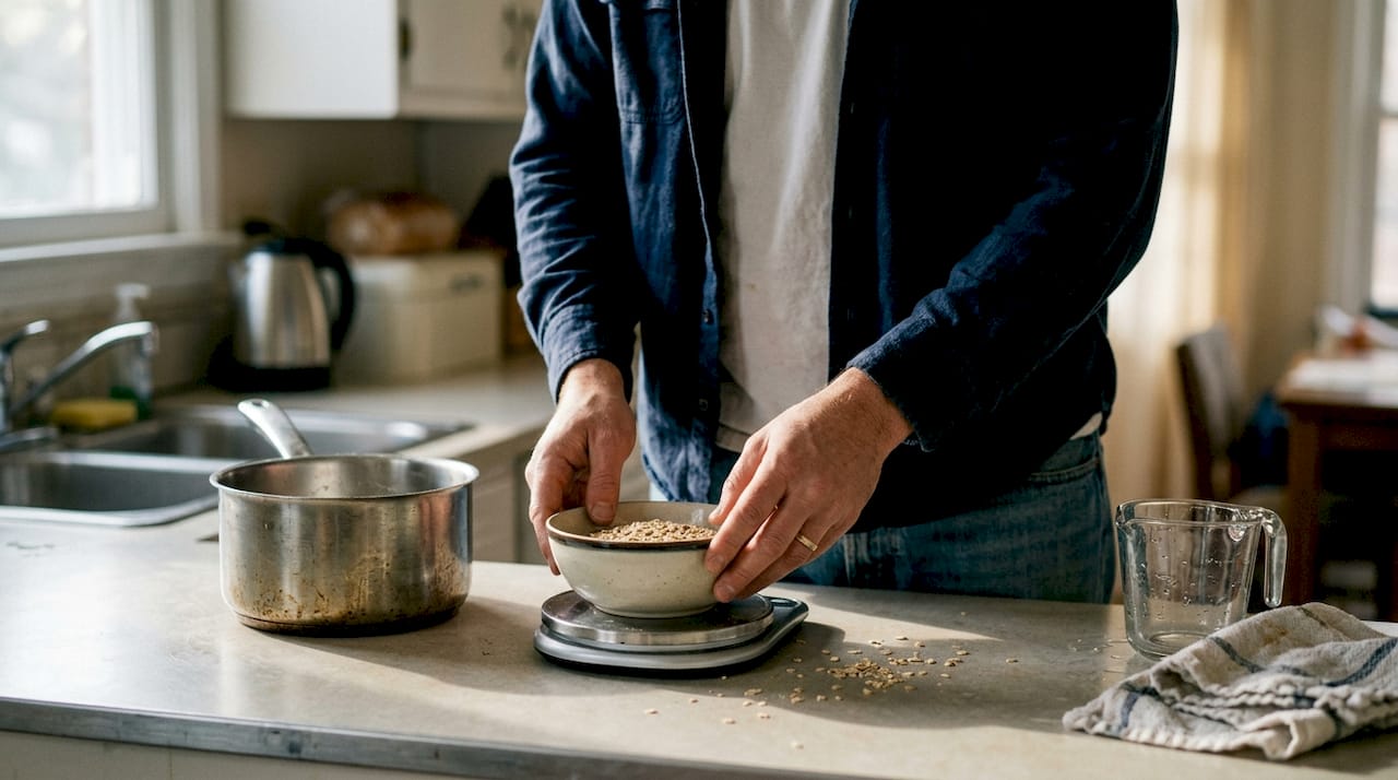 Man weighing oats with kitchen tools