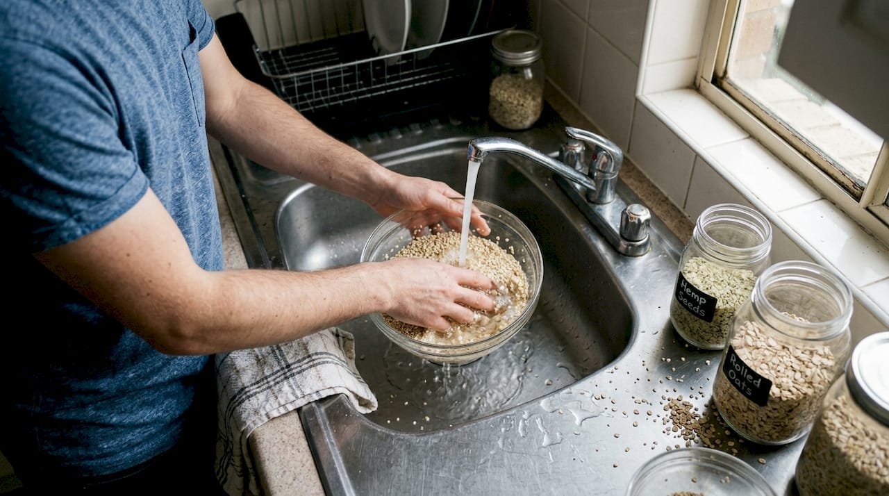 Hands soaking grains for oatmeal preparation