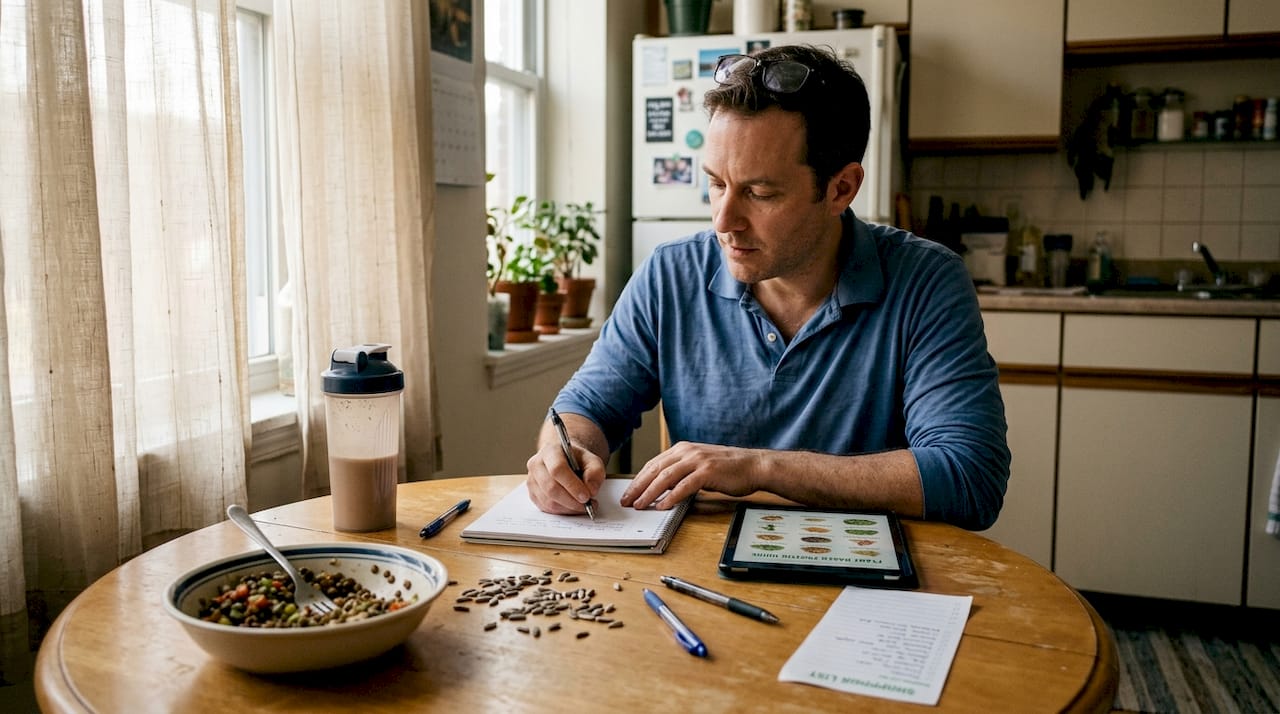 Man planning vegan protein meals at table