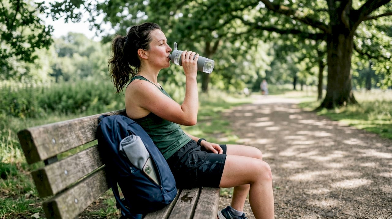 Woman hydrates with plant protein water outdoors