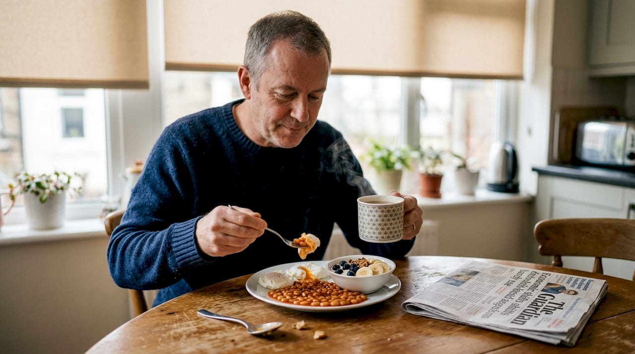 Man eating high-protein breakfast with eggs and beans