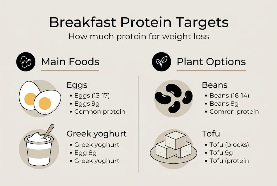 Infographic showing breakfast protein targets and food options