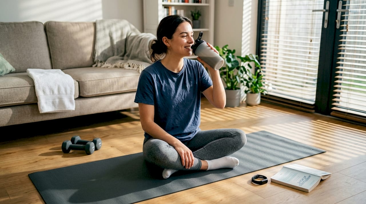 Person relaxes after workout with protein shake