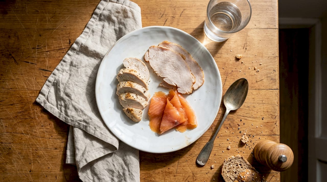Plate with lean breakfast meats in morning light
